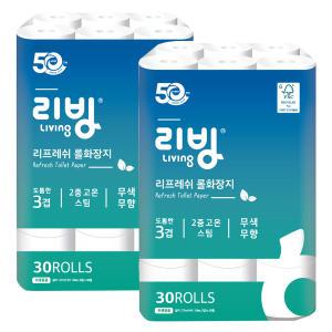 리빙 리프레쉬 3겹 데코 30롤 x 2팩 화장지 휴지 삼정펄프 50주년