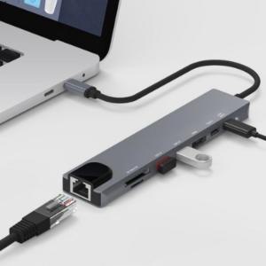 홈플래닛 8포트 USB3.0 이더넷 멀티허브 (USB 2 타입C 2 이더넷 HDMI SD) 그레이