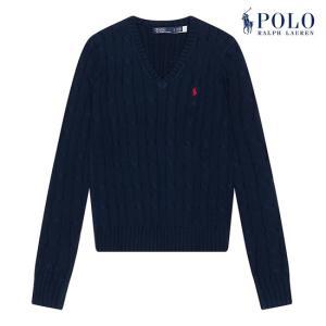 POLO RALPH LAUREN  폴로 랄프로렌 여성 케이블 니트 코튼 브이넥 스웨터 네이비