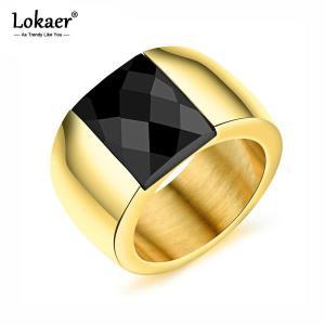 Lokaer-트렌디 블랙 스퀘어 CZ 크리스탈 남자 반지 골드 컬러 펑크 스타일 스테인레스 스틸 14mm 너비 손가