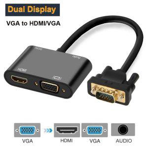 VGA to HDMI 및 VGA 어댑터 분배기 HD 케이블 35mm 오디오 수암 듀얼 디스플레이 노트북 연결 모니터용