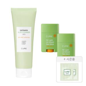 김정문알로에 큐어 에어라이트 UV 쉴드 선스틱, 20g, 2개 + 알로에 클렌져, 150g, 1개 + 증정(안티에이징 크림S 파우치, 2ml, 2개)