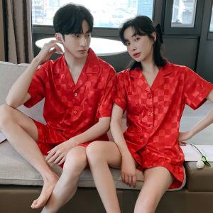 커플룩 여행 하와이 여성 잠옷 세트 실크 커플 격자 무늬 아이스 pjs 반팔 셔츠 반바지 Homewear Loungewea