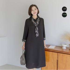 [하프클럽/](~99size)H라인 나염스카프 배색 쉬폰 원피스 2col