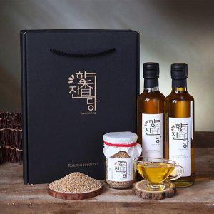 [참다올]향진당 국산 참기름 300선물세트 2호(참기름300ml,들기름300ml,볶은참깨60g,볶은검정깨6