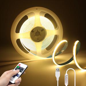 DC 5V COB LED 스트립, 조도 조절 리모컨 포함, 흰색, 따뜻한 흰색, 실내 홈 캐비닛 장식 조명용, 2 m, 3 m, 5m