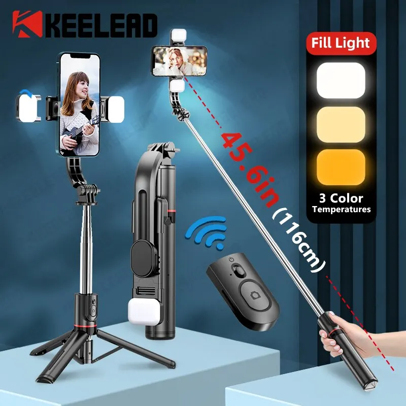 KEELEAD 블루투스 셀카 스틱 1160mm 확장 된 더블 채우기 라이트 L13D 삼각대 안드로이드 IOS 스마트 폰을위한 원격 셔터