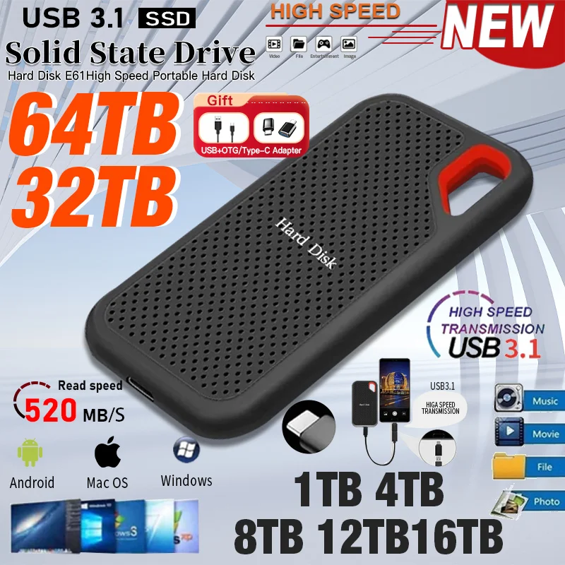 정품 E61 휴대용 SSD 1TB SSD 하드 드라이브, 2TB 외장 SSD, C타입 USB 3.1 M.2, 노트북, 데스크탑, 휴대폰, 맥 플래시 메모리 디스크용