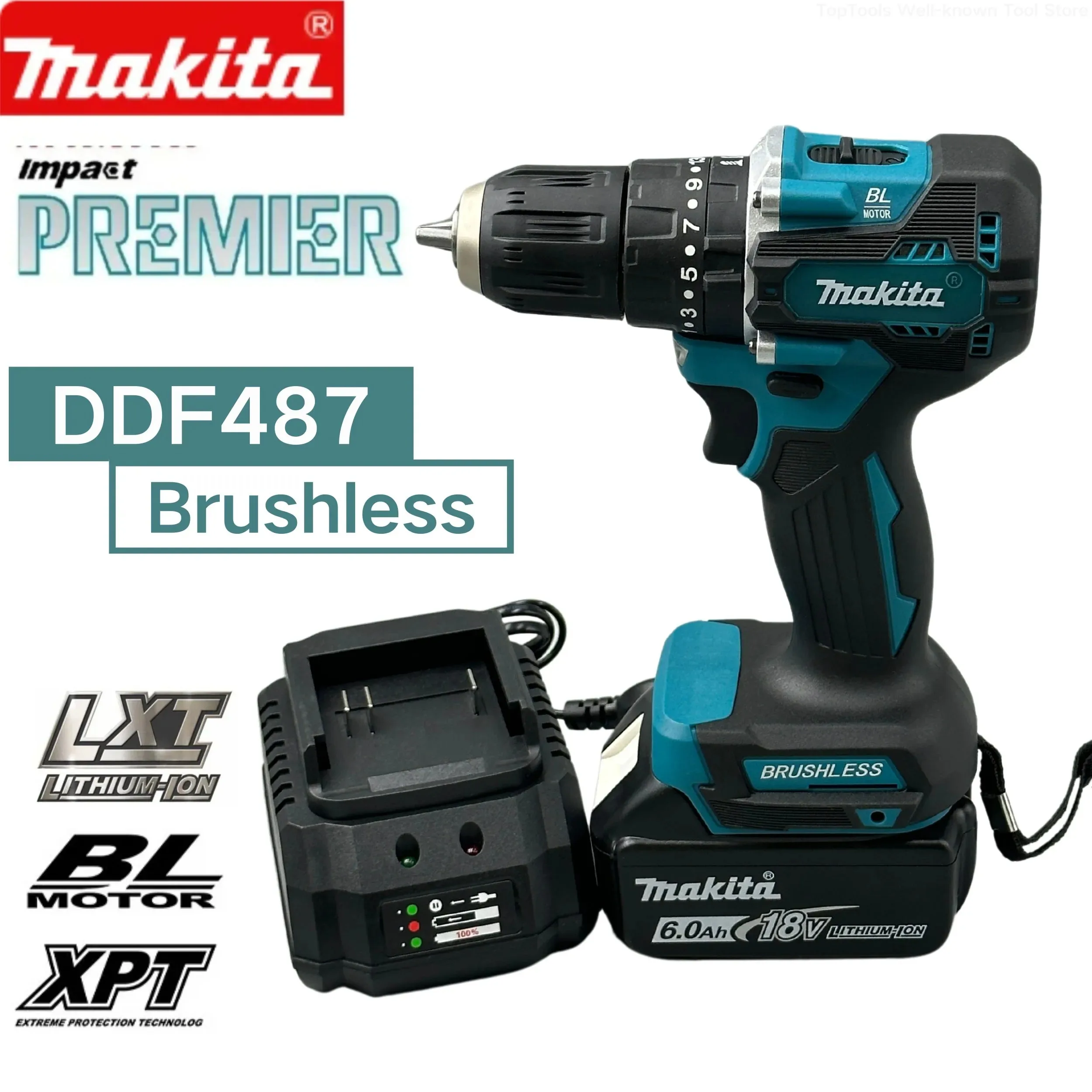 Makita DDF487 스크루 드라이버 무선 타악기 드릴, 18V 전기 가변 속도 브러시리스 모터 임팩트 전동 공구 전동 드릴