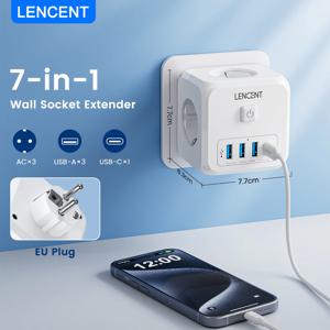 LENCENT 가정용 벽 소켓 확장기, AC 콘센트 3 개, USB 포트 3 개, 타입 C 7-in-1 EU 플러그 충전기, 켜기/끄기 스위치