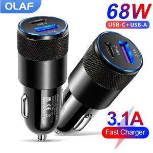 Olaf USB C타입 차량용 전화 어댑터, 고속 충전 3.0, 68W, PD, 아이폰 13, 12, 샤오미, 화웨이, 삼성 S21