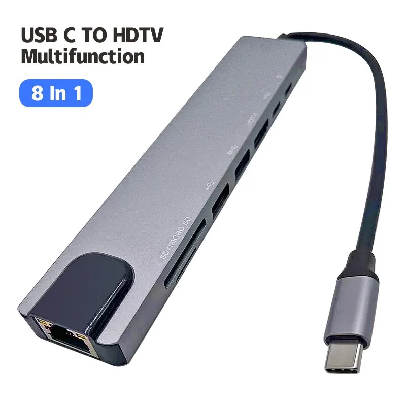 USB C 타입 허브 HDMI 4K 어댑터, RJ45 랜 이더넷 TF SD 리더, USB-C 3.0 타입 C 도킹 스테이션, 노트북 맥북, 8 인 1