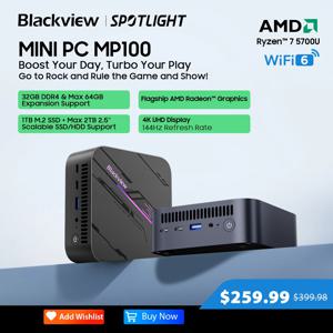 월드 프리미어 블랙뷰 미니 PC, 미니 컴퓨터 PC, AMD R7 5700U, 8 코어 16 스레드, 16GB, 32GB, DDR4, 512GB, 1TB SSD, MP100