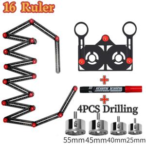 오프닝 로케이터가 있는 16 면 다각도 측정 눈금자, 각도 파인더 도구, 세라믹 타일 구멍 펀치 로케이터 측정 눈금자