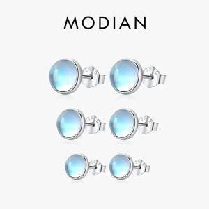 Modian-925 스털링 실버 라운드 절묘한 월장석 4 5 6 MM 스터드 귀걸이, 백금 도금 매력 귀 스터드 여성 주얼리