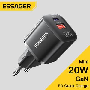 Essager GaN USB C 타입 PD 고속 충전 휴대폰 QC 3.0 고속 충전기, 아이폰 14 13 12 11 프로 맥스 미니 아이패드용, 20W