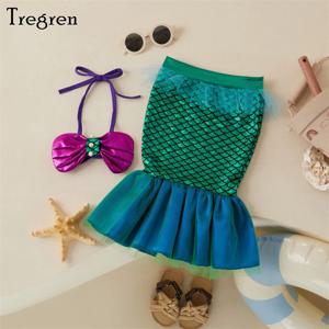 Tregren 여아용 귀여운 쉘 진주 홀터 비키니 탑, 얇은 명주 그물 패치워크 인어 꼬리 수영복, 0-3 세 유아 수영복, 2 개