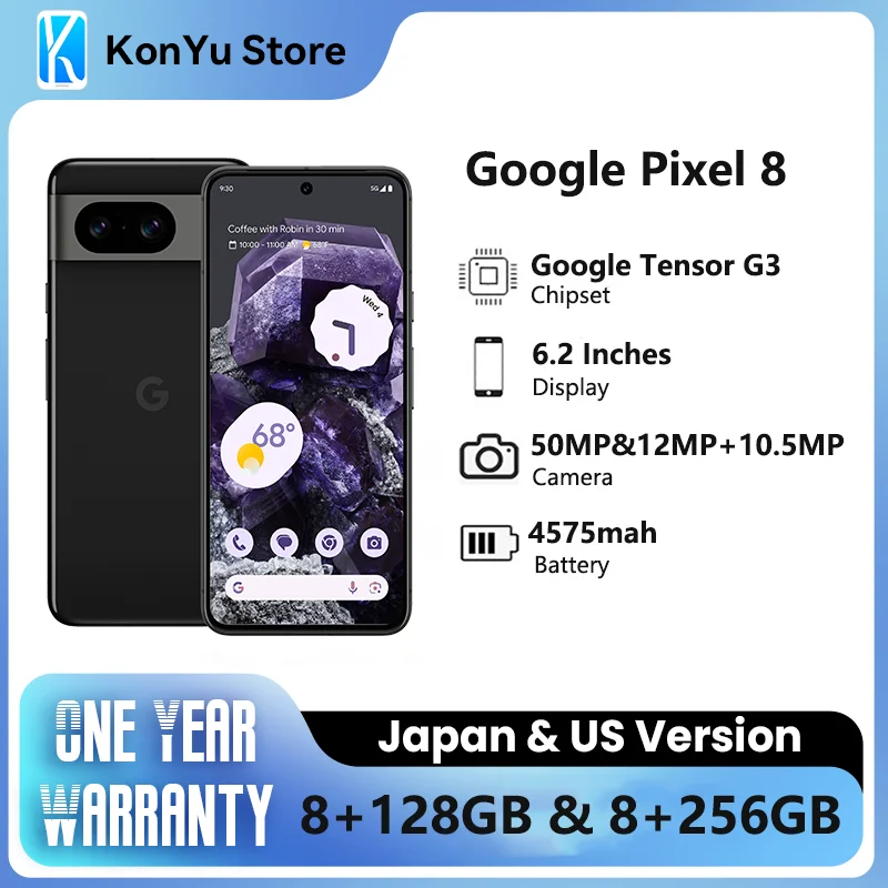 JP 및 US 구글 픽셀 8 구글 텐서 G3 4575 mAh 128GB 및 256GB OLED 안드로이드 14 27W 유선 IP68 방수 5G 신제품