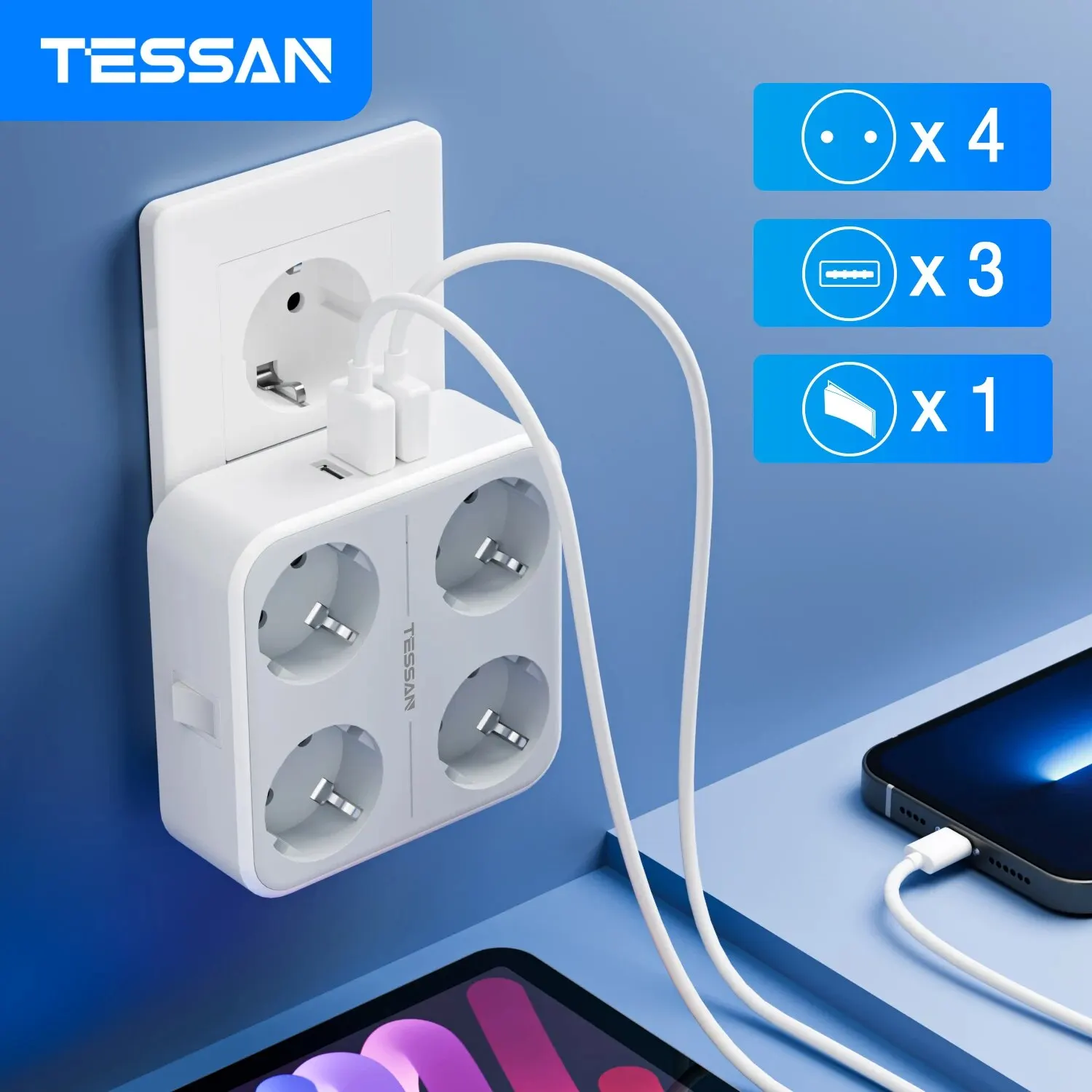 TESSAN 홈 오피스용 USB 벽 소켓 확장기, AC 콘센트 4 개, USB 포트 3 개, 5V 2.4A 어댑터, 플러그 소켓 켜기/끄기 스위치, 7 인 1