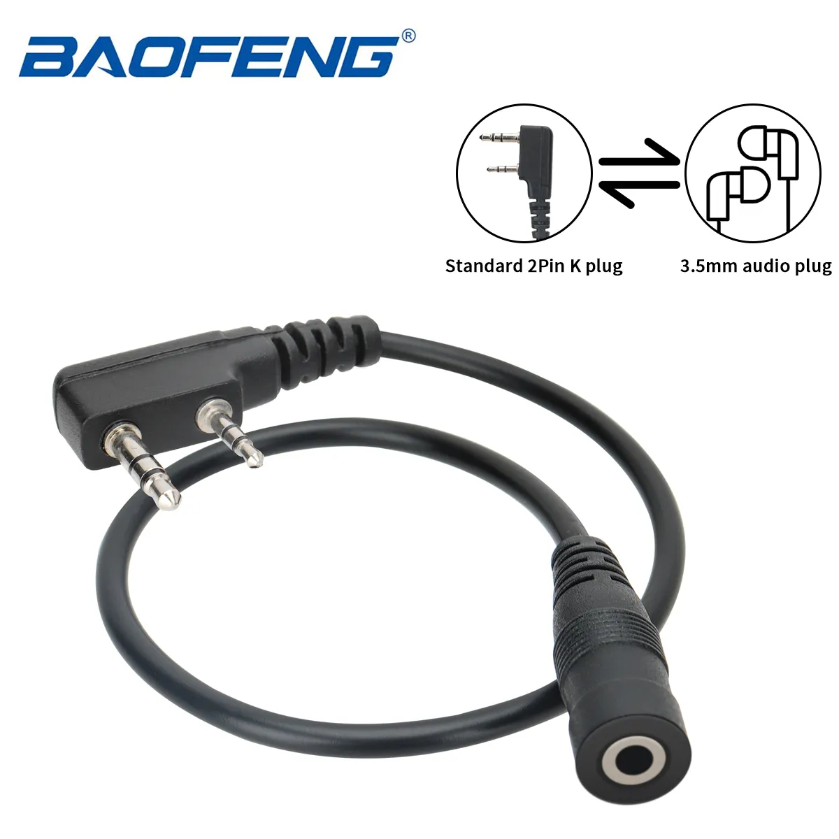 BAOFENG Quansheng 워키토키 이어피스 어댑터, 헤드셋 어댑터 케이블, BAOFENG UV-5R APPI와 호환 가능, 2 핀-3.5mm