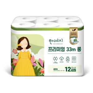 한예지 프리미엄 33m 롱 3겹 천연펄프 화장지 12롤 1팩