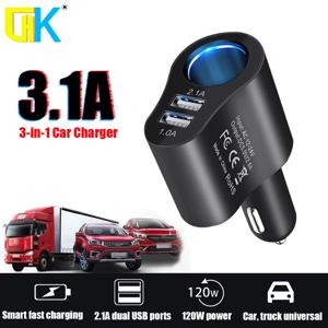 HKGK 3.1A 듀얼 USB 3 in 1 차량용 충전기, 3 포트 12-24V 담배 소켓 라이터, 고속 차량용 충전기 전원 어댑터, 자동차 스타일링