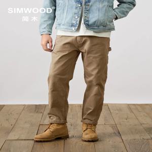 SIMWOOD 남성용 느슨한 테이퍼 카고 바지, 12Oz 코튼 원단, 야외 목수 전술 하이킹 작업 바지, 2024 가을 신상