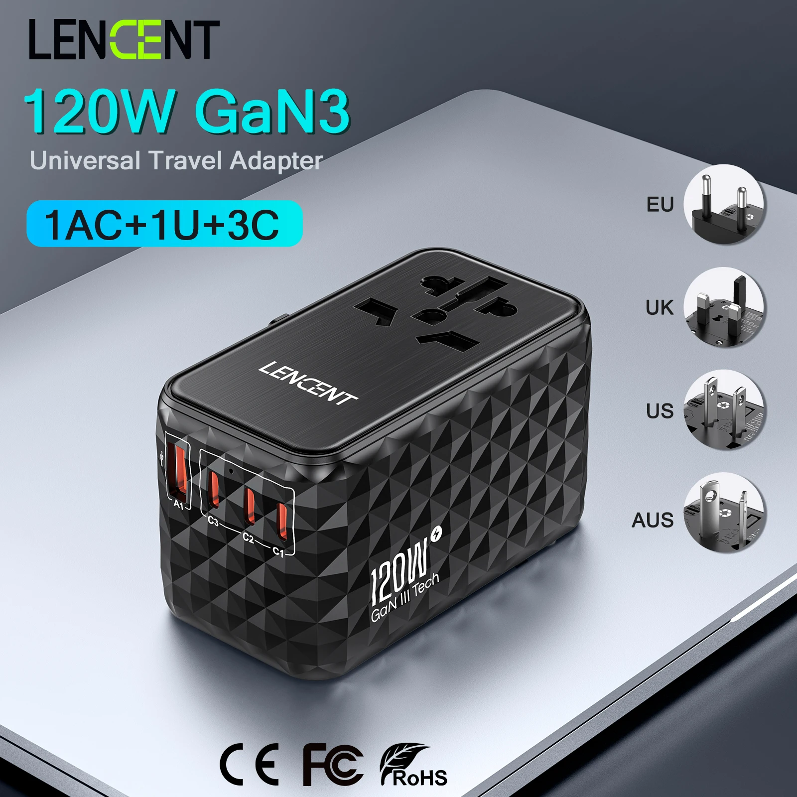 LENCENT GaN 국제 여행 어댑터, 고속 충전, EU, UK, USA, AUS 플러그, 여행용 충전기, 1 USB-A 및 3 C타입 PD3.0, 120W