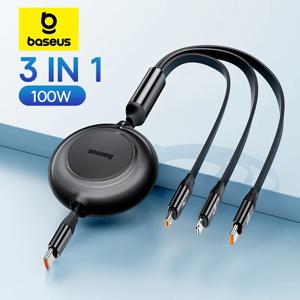 Baseus 개폐식 USB C 충전 케이블, 맥북, 삼성, 샤오미, 아이폰 12, 13, 14, 15 용 충전 케이블, 100W, 3 in 1