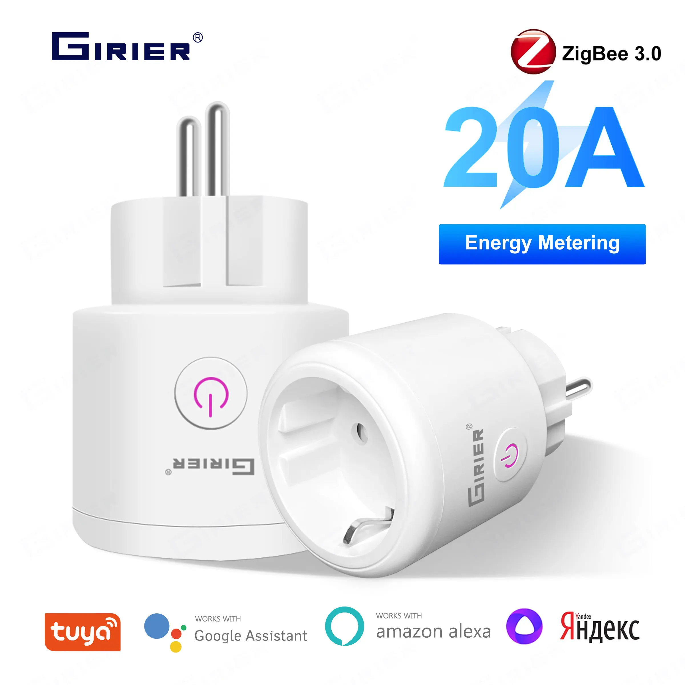 GIRIER 투야 지그비 스마트 플러그 20A, 스마트 홈 콘센트 소켓, EU 4200W, 전원 모니터 기능 포함, 알렉사 앨리스 헤이 구글 지원