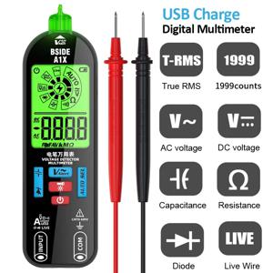 A1X USB 충전 디지털 스마트 멀티미터, True RMS DC AC 전압 테스터, 커패시턴스 Ohm Hz 다이오드 Hz 연속성 NCV 라이브 테스터