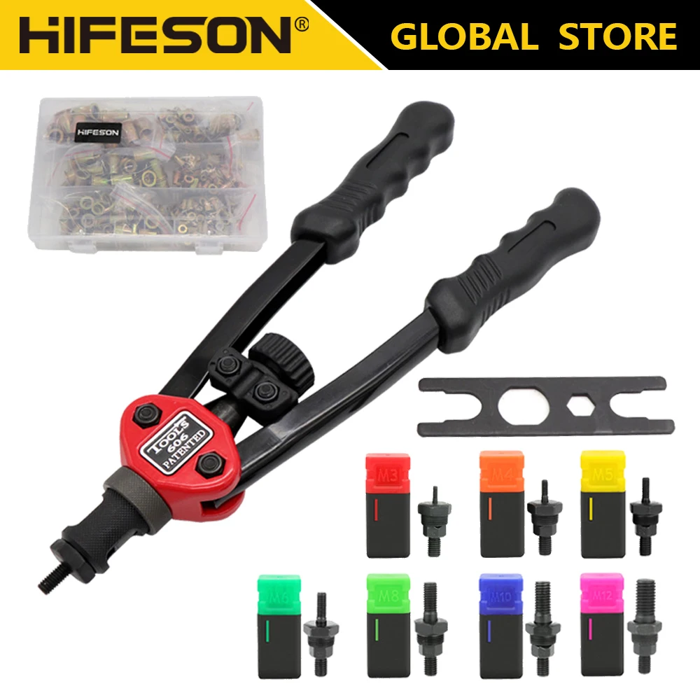 HIFESON 핸드 리벳 너트 건 70/95/300PCS 너트 수동 터 리벳 도구 M3 M4 M5 M6 M8 M10 M12 너트