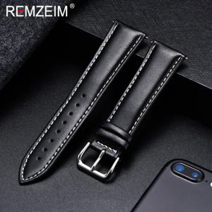 REMZEIM-송아지 가죽 시계 밴드, 부드러운 소재 시계 밴드 손목 스트랩, 18mm 20mm 22mm 24mm, 실버 스테인리스 스틸 버클