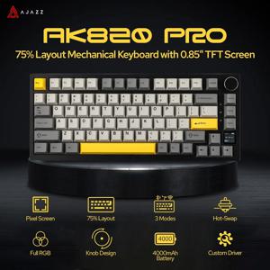 Ajazz AK820 프로 게임용 기계식 키보드, 블루투스, 무선, 유선 맞춤형 키보드, TFT 컬러 스크린 노브 136 키캡 포함