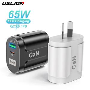 USLION 고속 충전 태블릿 노트북 USB C 고속 충전 QC 3.0 휴대폰 충전기, 여행용 65W GaN USB 충전기, AU EU 미국 영국 플러그