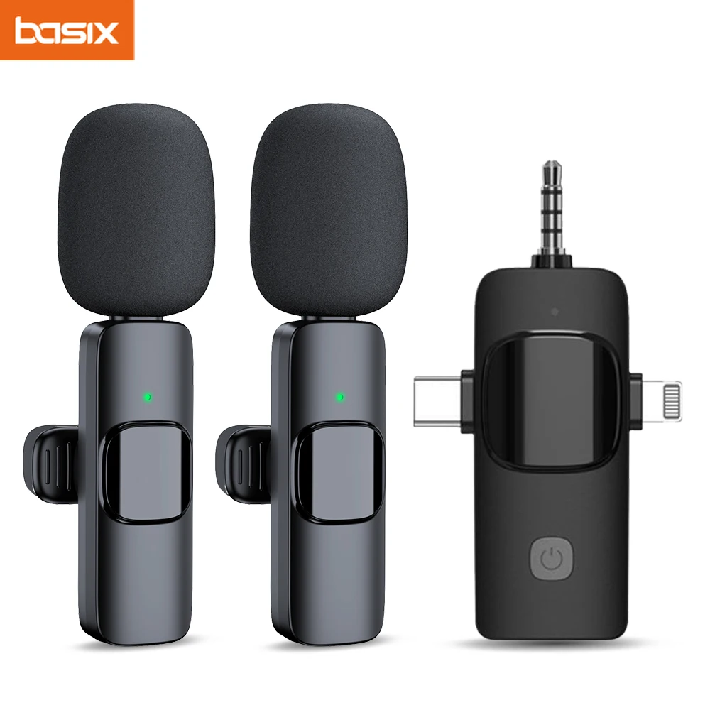 Basix 2.4G 무선 라발리에 마이크, 아이폰, 화웨이, 샤오미, 삼성, 오디오 비디오 녹화 마이크, 라이브 방송 게임용, 3 인 1