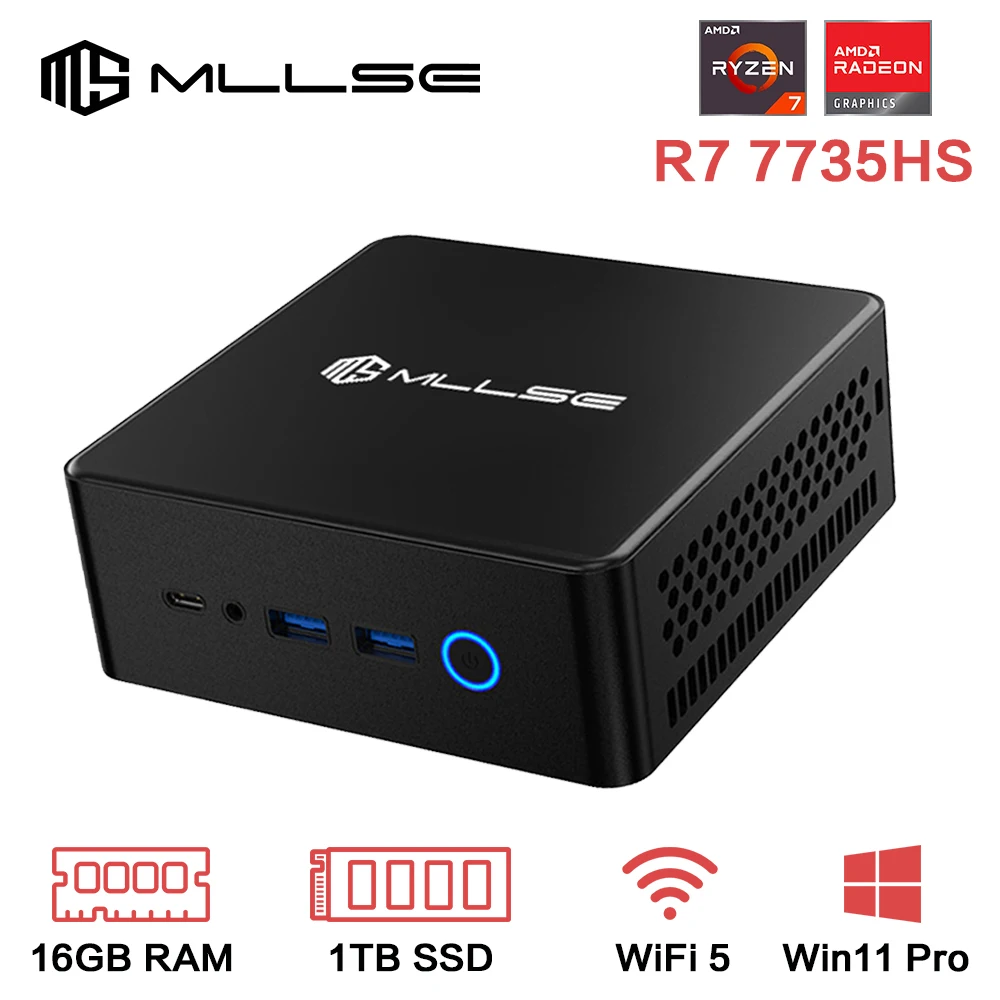 MLLSE 데스크탑 게임용 컴퓨터 미니 PC, K2, AMD Ryzen 7 7735HS, 8C, 16T, DDR5, 16GB RAM, 1TB ROM, SSD, Window 11 Pro, BT5.0, WiFi5