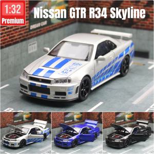 1/32 닛산 스카이라인 GTR R34 JDM 장난감 자동차 모델, 다이캐스트 차량 미니어처 사운드 및 라이트 풀백 컬렉션 선물, 어린이 소년