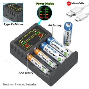 배터리 충전기 4 슬롯 지능형 고속 충전, 표시기 포함, 1.2V NiMH NiCd AAA 충전식 배터리, USB C 마이크로 잭