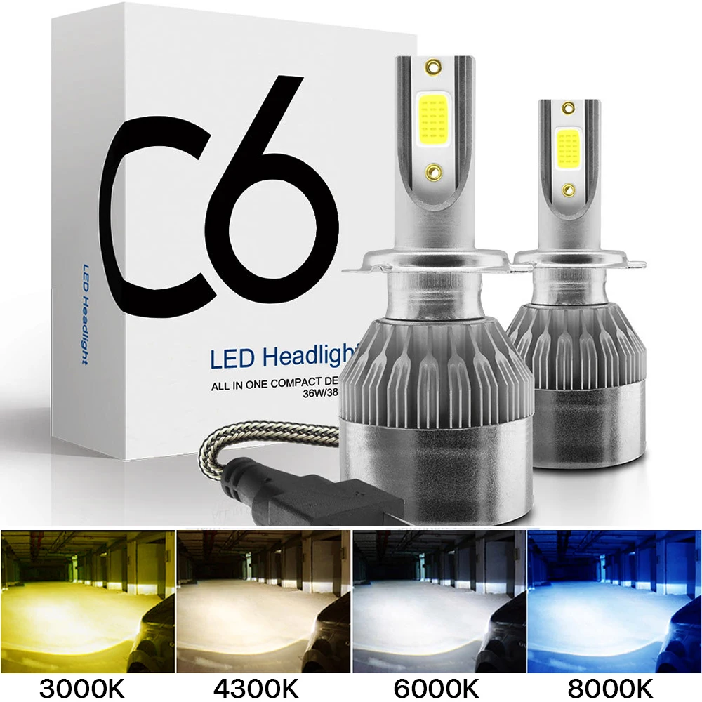 자동차 헤드라이트 전구, 2x H7 LED H11 H4 Hi/Lo H1 H3 H8 HB1 HB3 HB4 HB5 HIR2 H13 H27 9005 9006, 3000K 6000K 8000K COB C6 자동차 조명