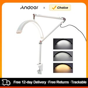 Andoer HD-M3X 데스크탑 LED 비디오 조명, 반달 모양 필 라이트, C 클램프, 데스크 마운트, 금속 조명 스탠드, 조도 조절 가능, 3000K-6000K