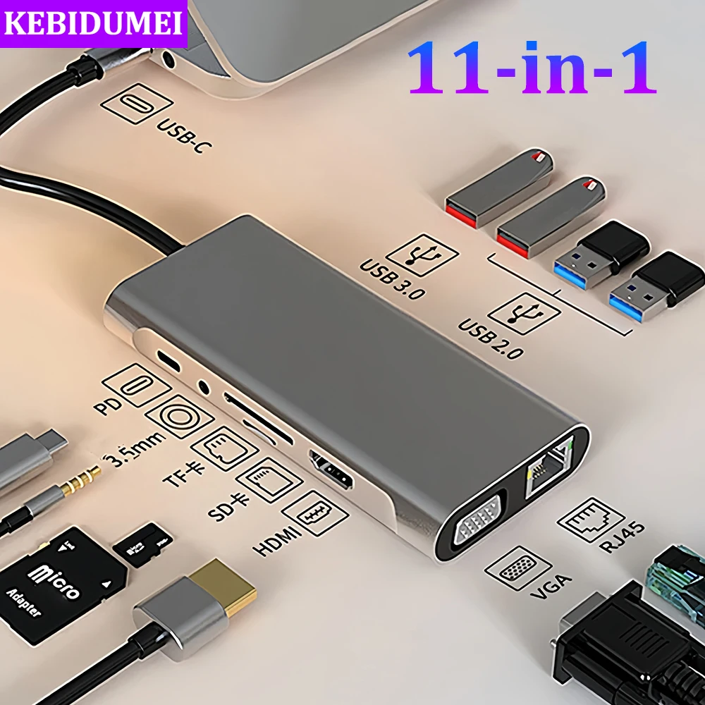 11-in-1 USB C 도킹 스테이션, USB 3.0, C 타입-HDMI 어댑터, USB C 허브, USB C 분배기 어댑터, PC 노트북 맥북 프로용 OTG