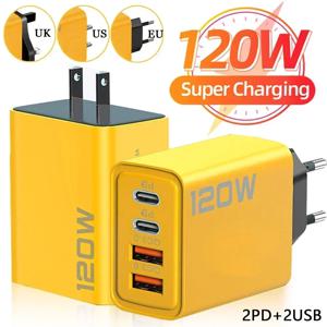 120W 고속 충전 휴대폰 충전기, 4 포트, QC3.0 USB C타입 충전기, 듀얼 PD 벽 어댑터, EU, US, UK 플러그, 아이폰 15 샤오미