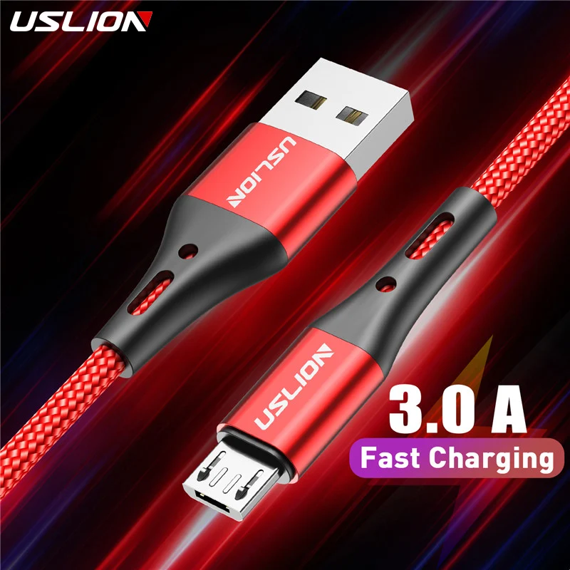 USLION 3A 마이크로 USB 케이블 고속 충전 USB 데이터 케이블, 삼성에 적합한 S6 샤오미 레드미 안드로이드용, 마이크로 USB 케이블, 휴대폰 레드