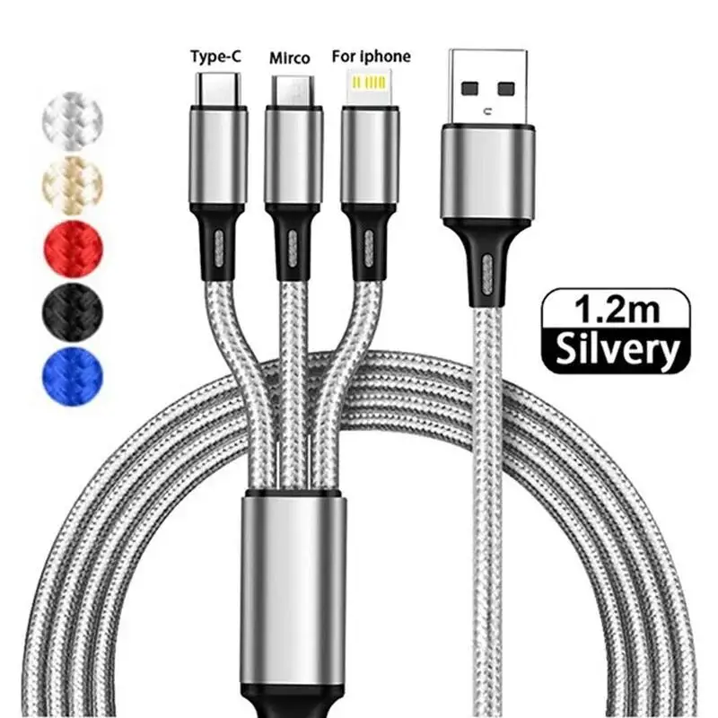 USB C타입 고속 충전 케이블, 마이크로 IOS 멀티 충전기 케이블, 아이폰, 화웨이, 삼성용 나일론 브레이드 코드, 3 in 1