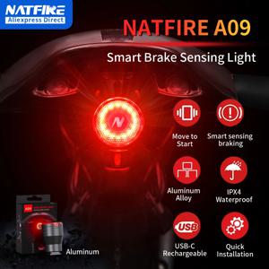 NATFIRE A09 자전거 스마트 후미등, C 타입 충전 브레이크 센서, 자동 정지 사이클링 미등 경고등, 자전거 액세서리