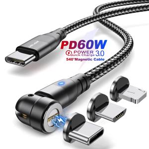 USLION PD 고속 충전 마그네틱 케이블, 마이크로 USB C타입 케이블, 아이폰, 삼성, 샤오미, 화웨이, 데이터 와이어 코드, 540 ° 회전, 60W 3A