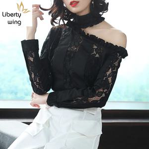 Designer High Quality Blouse Hollow Out Ruffles Lace Off Shoulder Tops Sweet Slim Fit Long Sleeve Womens Shirt