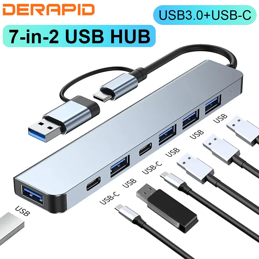 4/7 포트 USB C타입 확장기, USB 3.0 고속 변속기 멀티 포트 USB 분배기, 노트북 및 데스크탑에 적합, 2 in 1