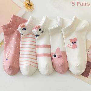 5 쌍 여성용 짧은 튜브 양말 핑크 고양이 얇은 사계절 귀여운 보트 Sockslow 탑 Ins 트렌디 한 양말